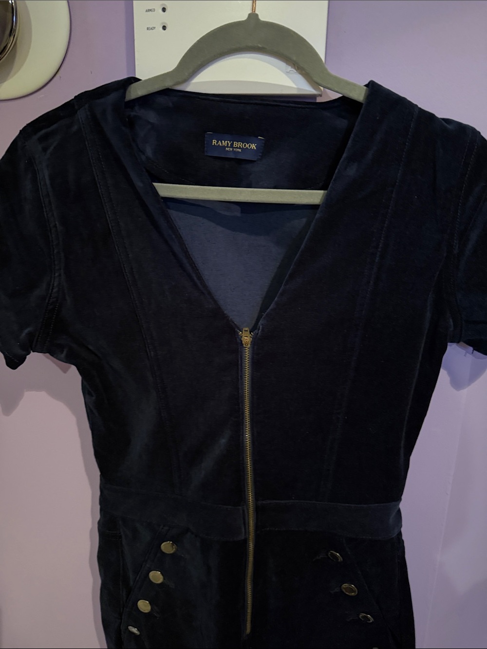 Ramy Brook Navy Velvet Zip-Front Jumpsuit with Gold Accents